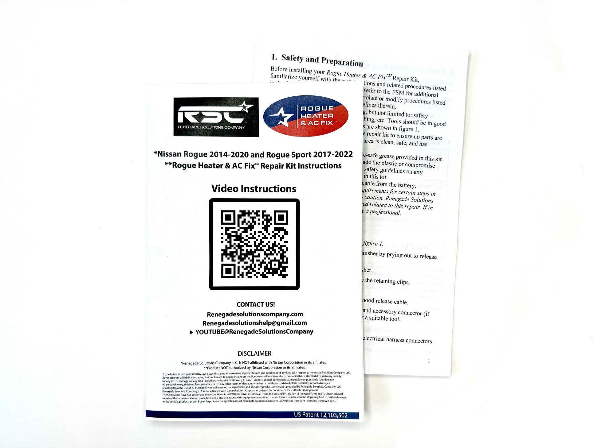 Renegade Solutions company rogue heater box repair kit instructions with QR code on a white background