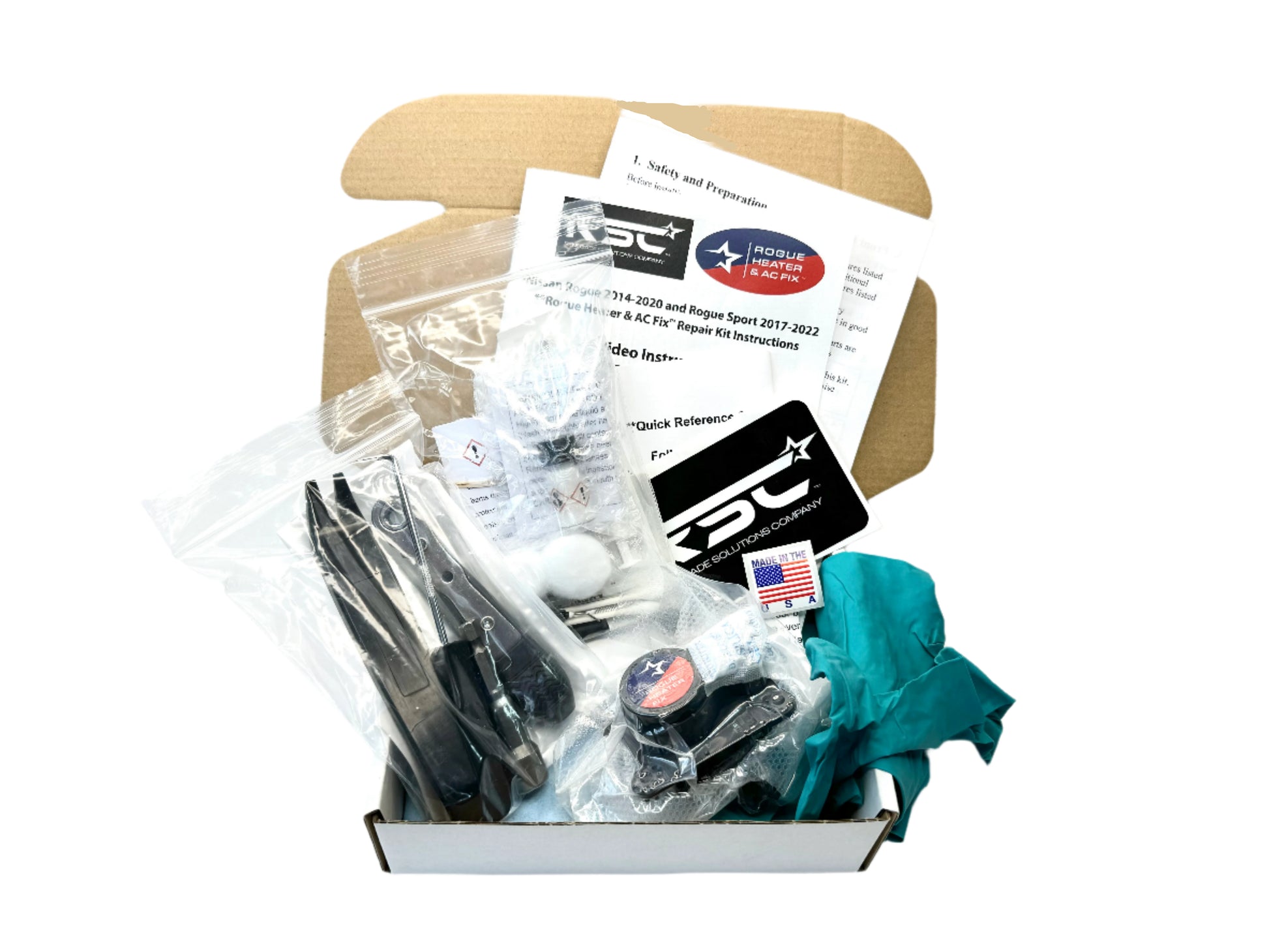 Open box containing automotive parts and tools with a white background